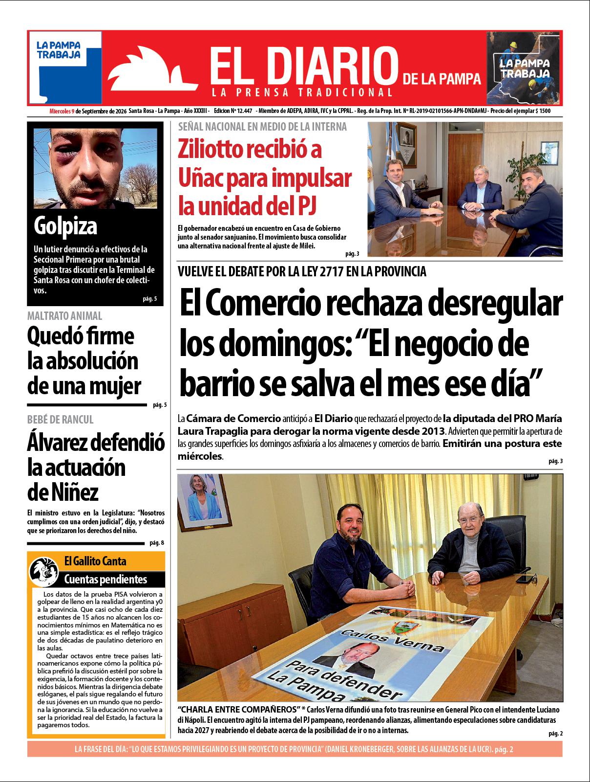 Tapa de El Diario en papel  mieacutercoles 09 de septiembre de 2026